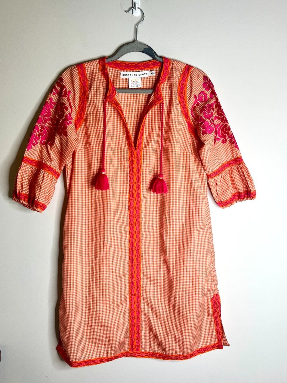 Gretchen Scott Orange Gingham Tasseled Floral Embroidered Shift Dress Preppy S